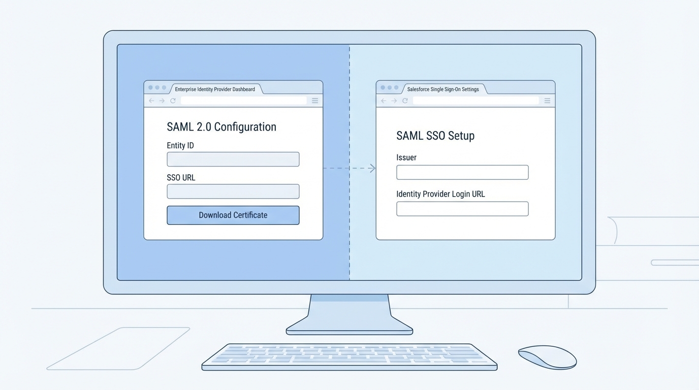 A split-screen browser view showing the configuration screens for an Identity Provider and Salesforce Single Sign-On settings.
