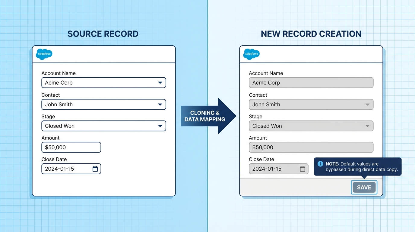 A professional UI mockup demonstrating a Salesforce record cloning process where the new record form is pre-populated with data from the source record.
