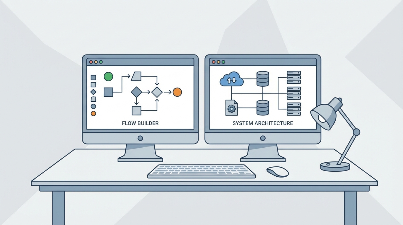 A professional dual-monitor setup displaying a Salesforce Flow automation and a technical cloud architecture diagram.