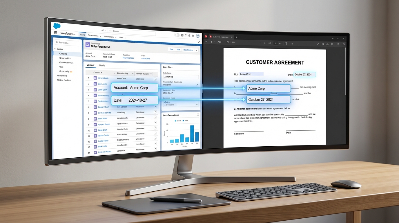 A split-screen visualization showing data mapping from a Salesforce CRM record into a dynamic PDF form.