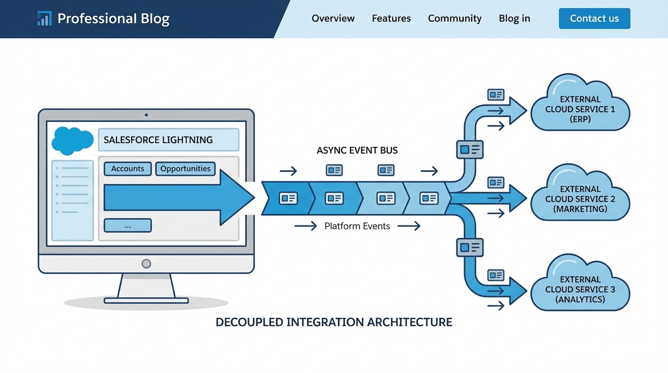 A technical architecture diagram showing a Salesforce Platform Event bus decoupling the user interface from external system processes to ensure system resilience.