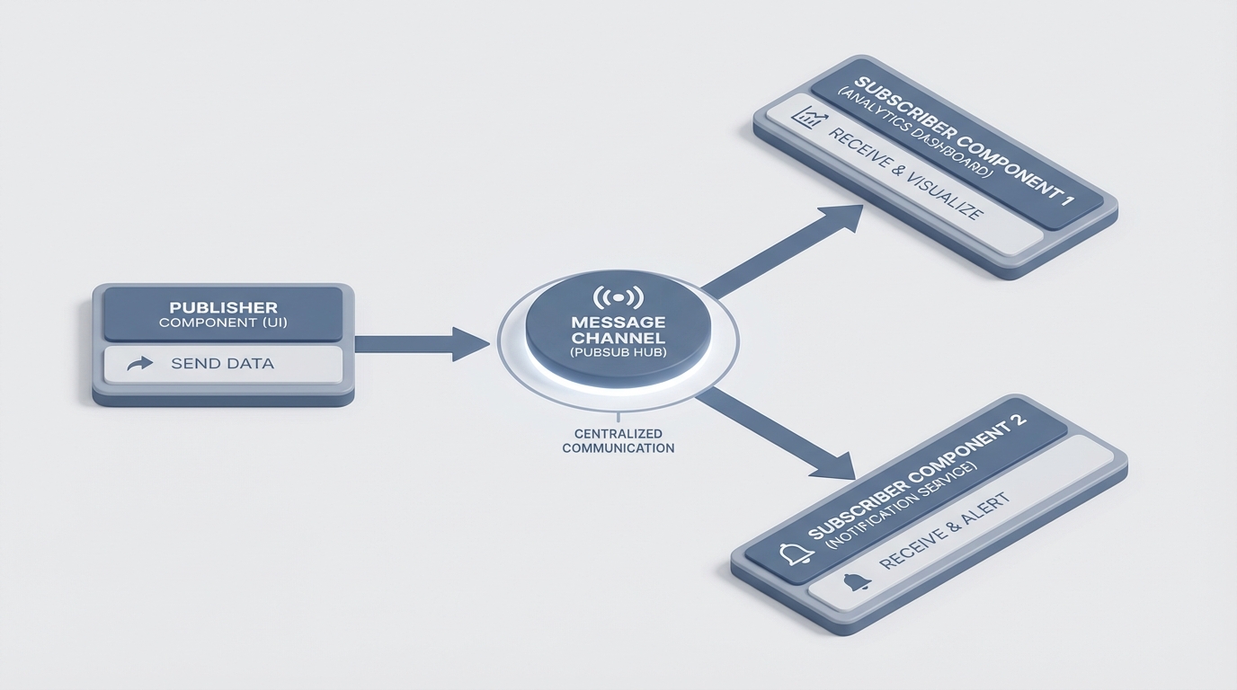 An architectural diagram showing multiple software components connected to a central communication channel.