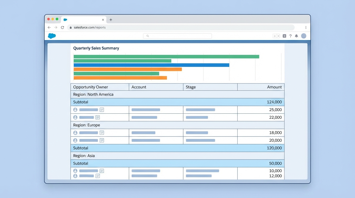 A professional UI mockup of a Salesforce Summary Report featuring grouped data rows, subtotals, and a corresponding summary bar chart.