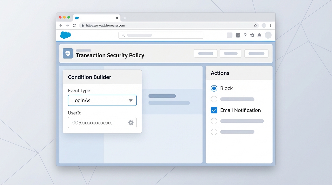 A screenshot of the Salesforce Transaction Security Policy configuration screen showing the settings for blocking a LoginAs event and enabling email notifications.