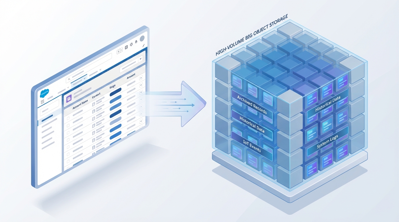 A technical architecture diagram showing the flow of data from standard Salesforce records into a high-capacity Big Object storage structure.