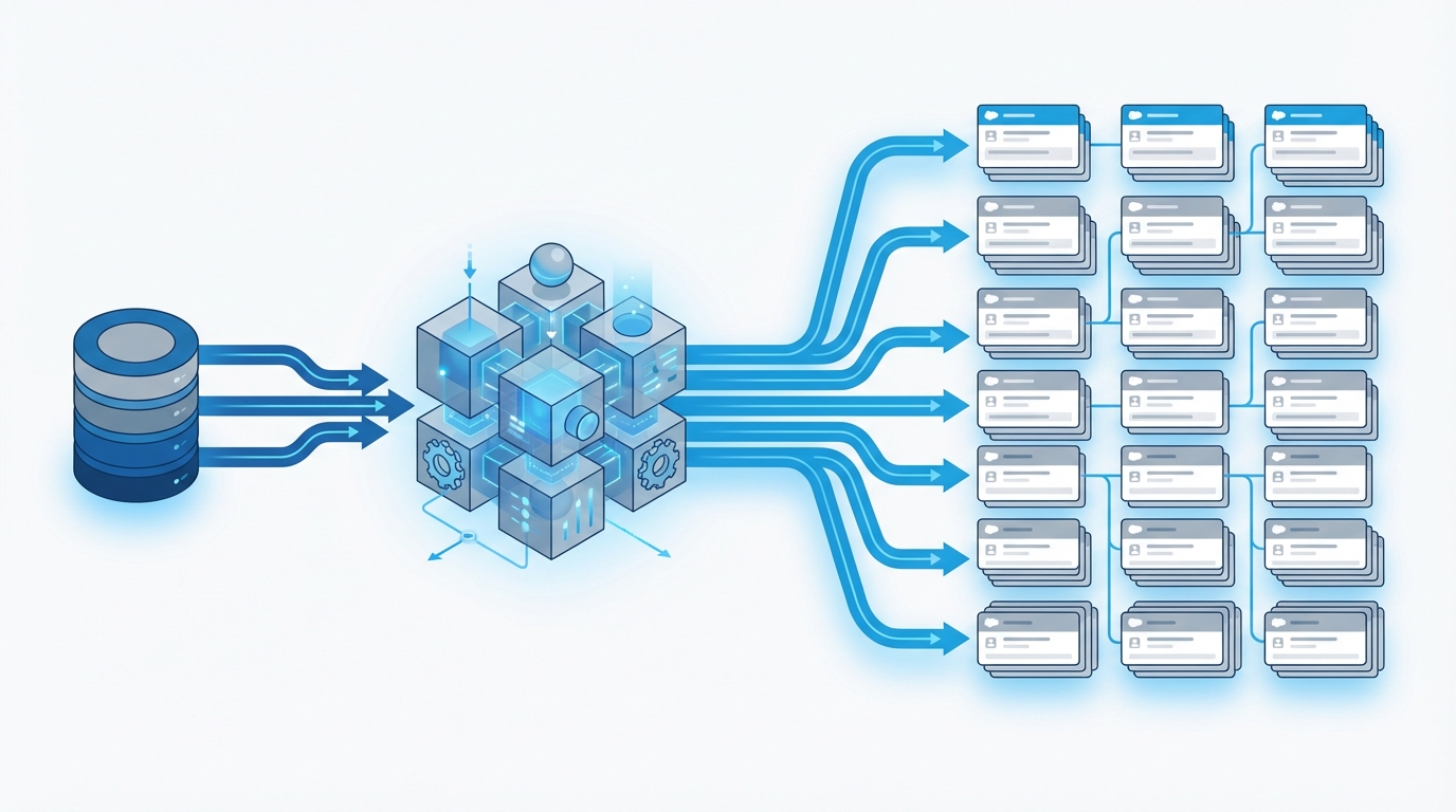 A technical architecture diagram showing the flow of large data volumes from an external database through a bulk processing engine into Salesforce.