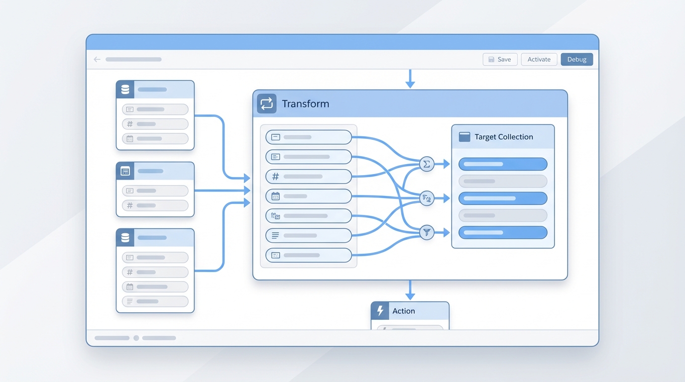 A detailed UI mockup of the Salesforce Flow Builder interface showing a data transformation and aggregation step in a clean automation workflow.