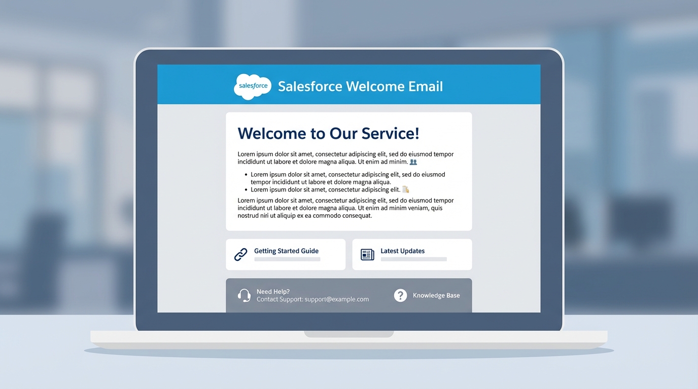 A professional mockup of a Salesforce welcome email template layout displayed on a laptop screen, showing sections for branding and support contact information.