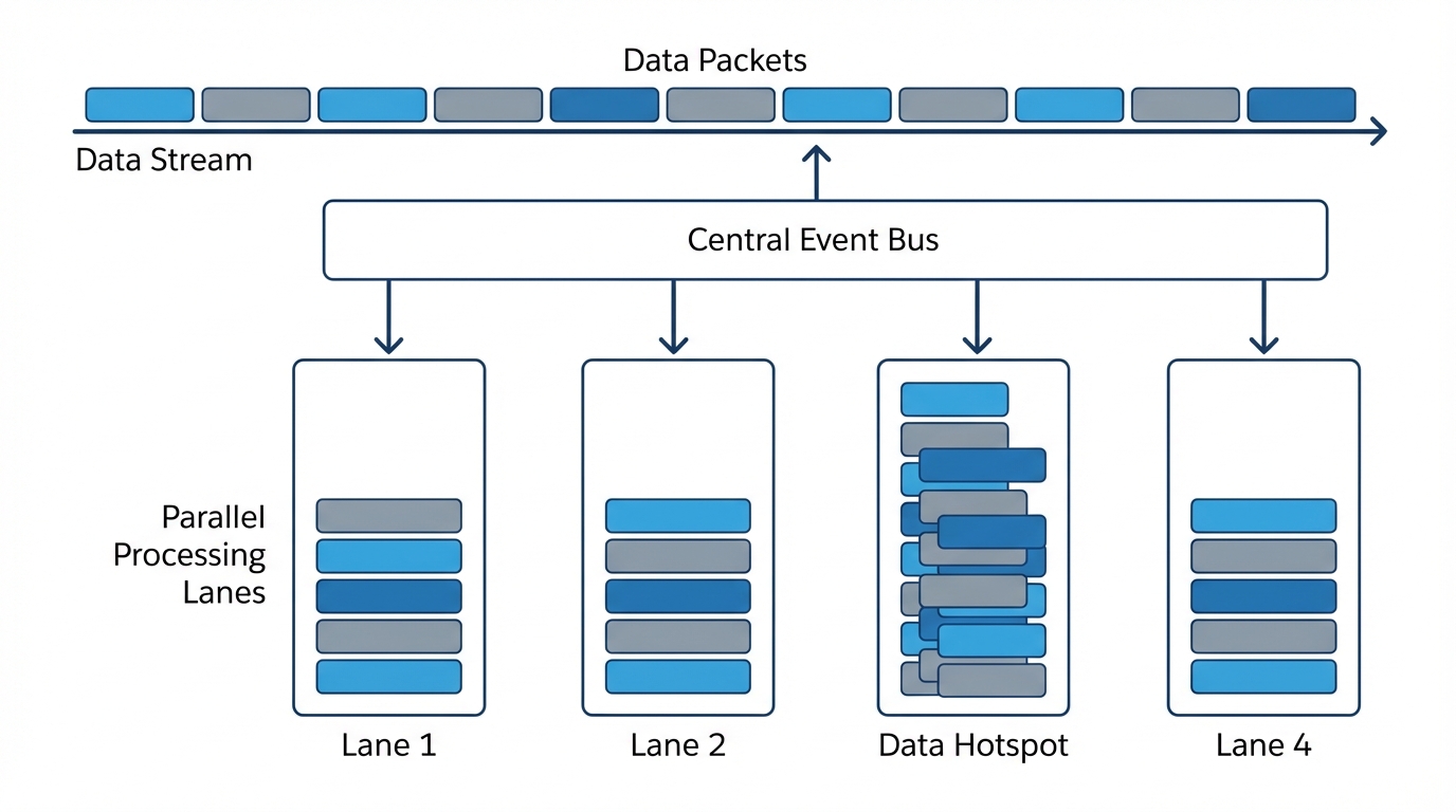 An architecture diagram showing platform events being distributed into parallel subscriber lanes, with one lane showing a data hotspot.