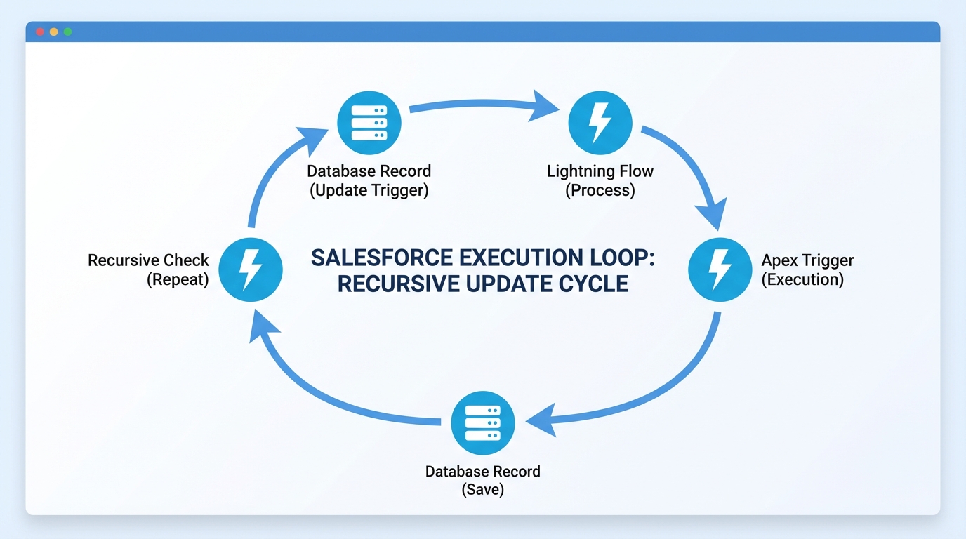 A technical diagram illustrating a recursive loop between Salesforce records and triggers using directional arrows and system icons.