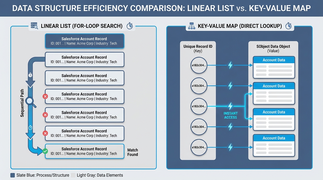 A technical diagram comparing the linear search process of an Apex list versus the direct key-value lookup efficiency of an Apex map for Salesforce records.