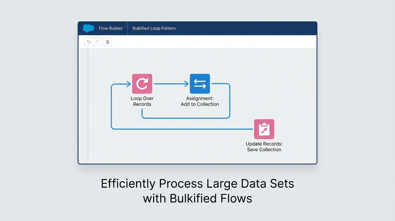 A Salesforce Flow Builder diagram showing a bulk-safe loop pattern where the Update Records element is placed outside the loop to avoid governor limits.