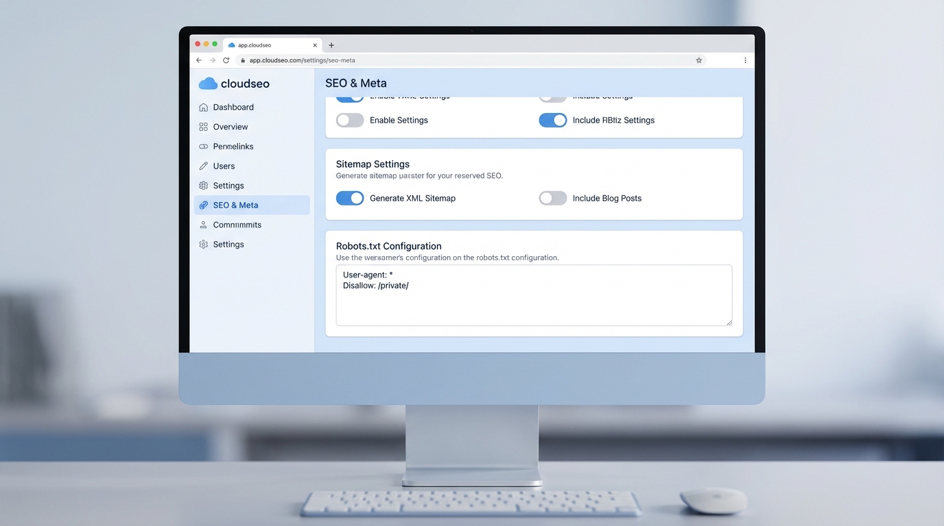 A professional software interface showing SEO and sitemap configuration settings in a cloud-based website builder.