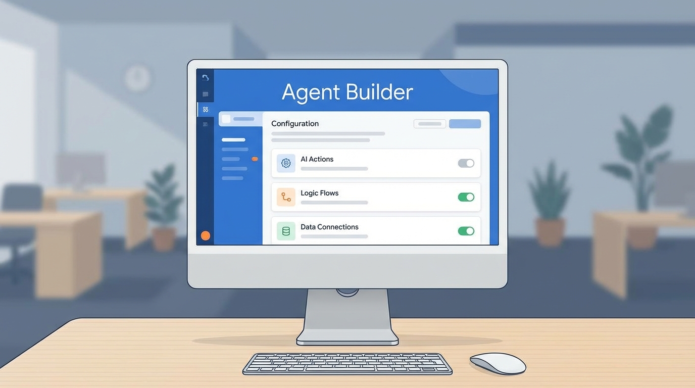A realistic UI mockup of the Salesforce Agentforce Agent Builder interface showing configuration settings for AI agents.