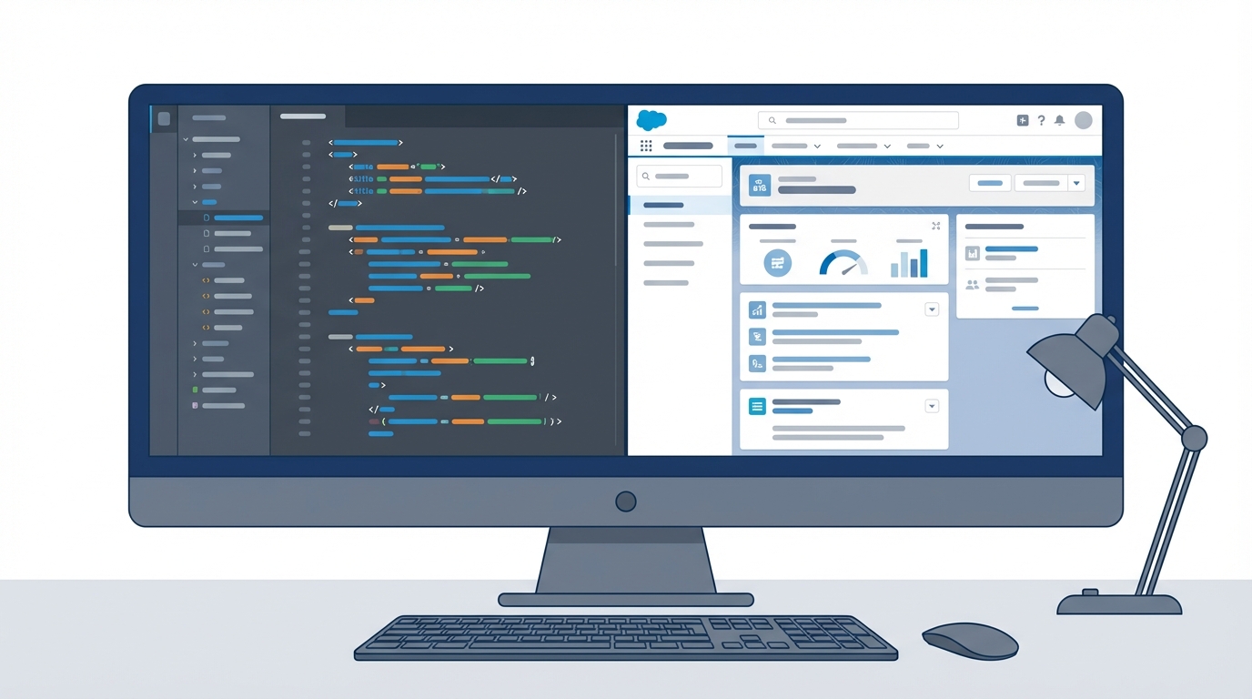 A split-screen illustration showing a code editor with Apex trigger logic next to a Salesforce record detail page.