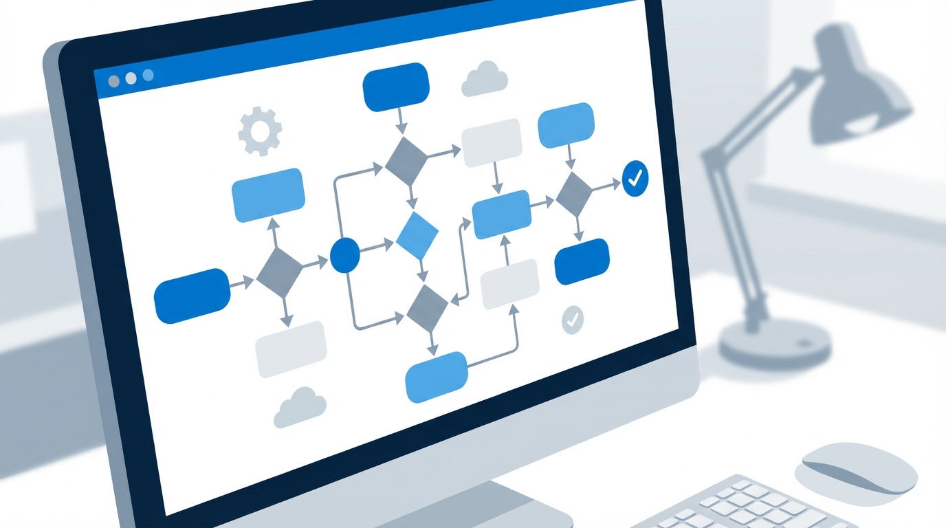 A clean and professional digital workflow diagram showing a business process map with decision nodes and logic paths.