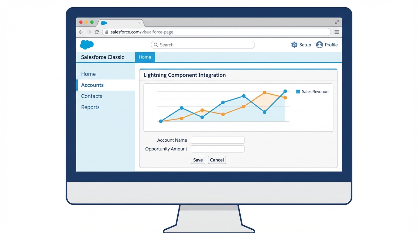 A digital mockup showing a modern Lightning component seamlessly embedded within a classic Salesforce Visualforce page layout.