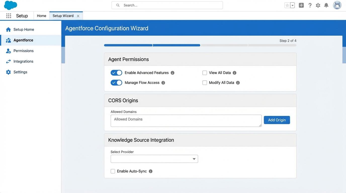 A realistic Salesforce administrative interface showing the setup and security configuration screens for an Agentforce self-service implementation.