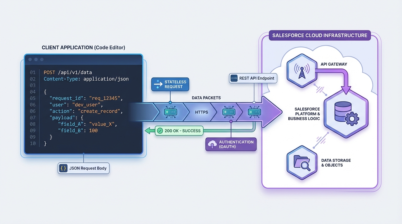 A technical architecture diagram illustrating the data flow between a client application and the Salesforce REST API.