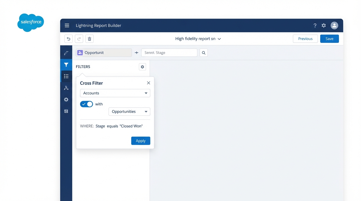 A realistic UI mockup of the Salesforce Report Builder showing the configuration of a cross filter between two related objects.