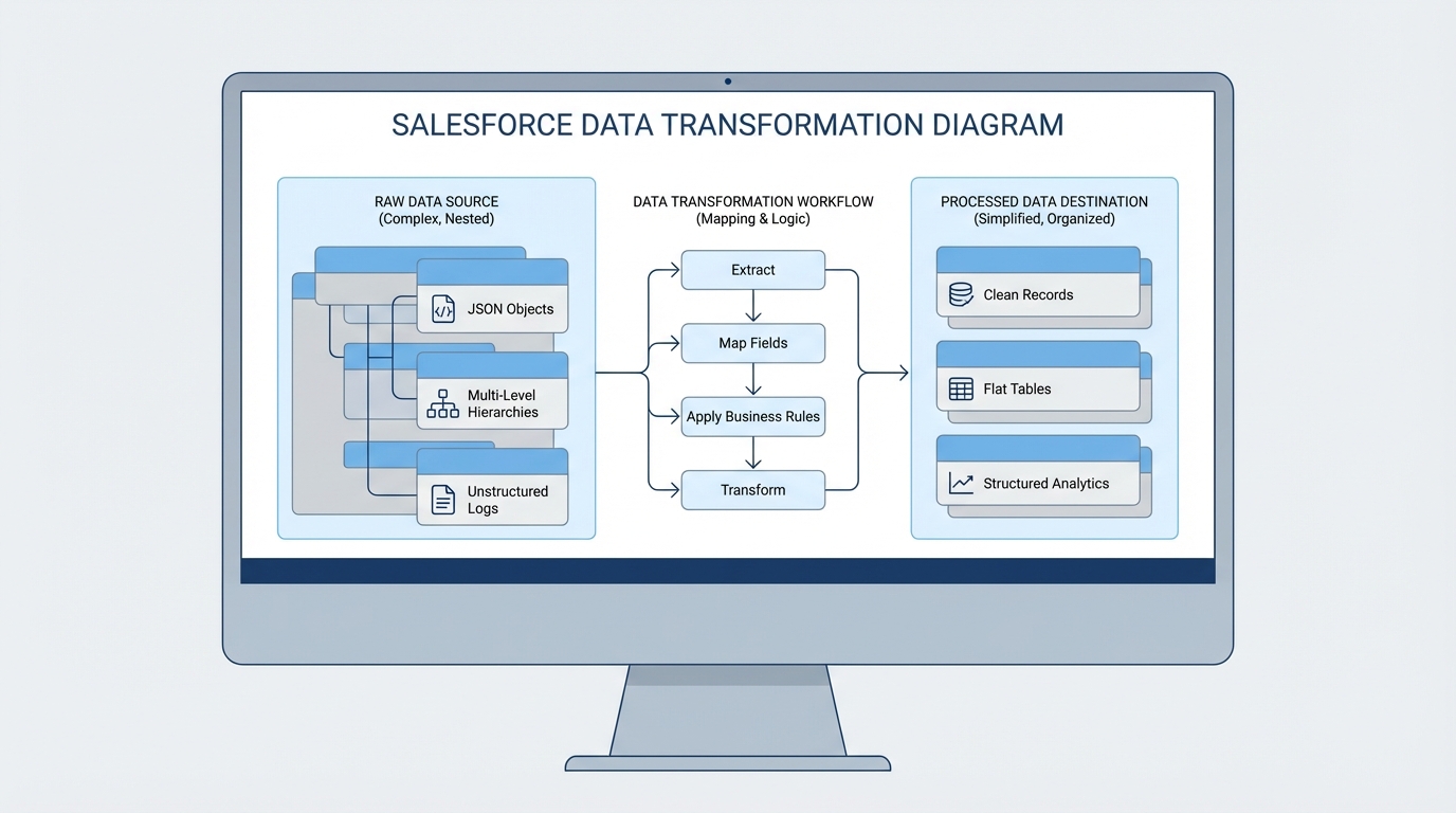 A technical diagram illustrating the data transformation process where complex input data is mapped and reshaped into a clean output format.