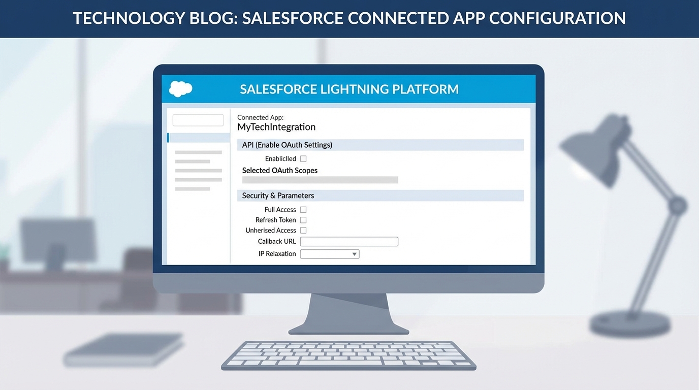 A realistic UI mockup of the Salesforce Connected App configuration screen showing OAuth settings and API security permissions.