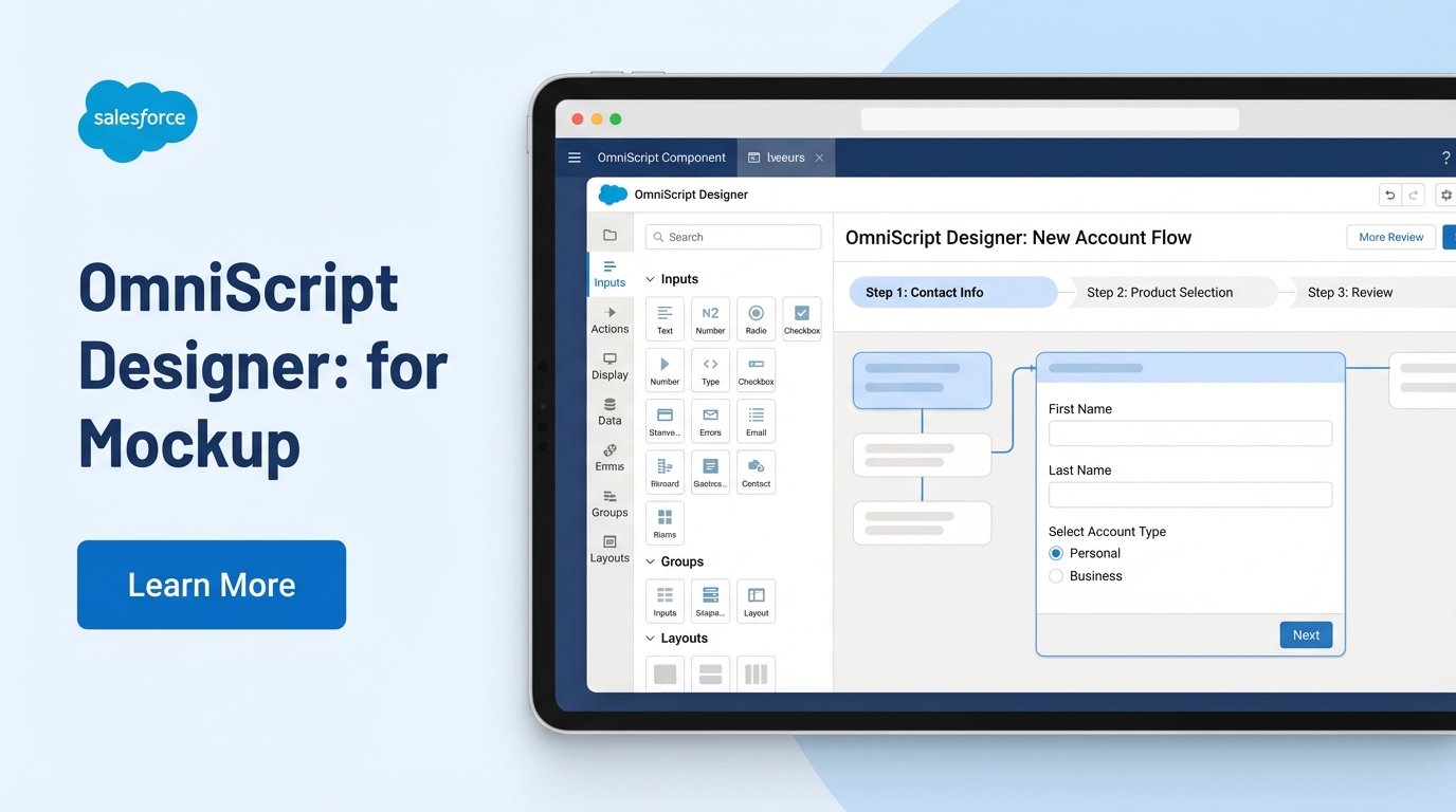 A high-quality mockup of the Salesforce OmniScript Designer showing a drag-and-drop canvas for building guided user experiences.