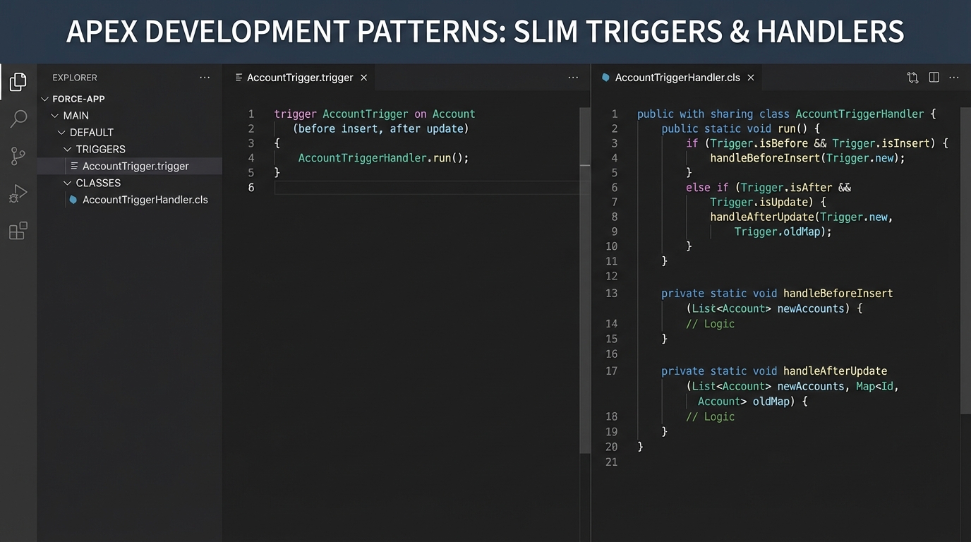 A side-by-side code editor view showing a minimal Salesforce trigger delegating logic to a structured Apex handler class.