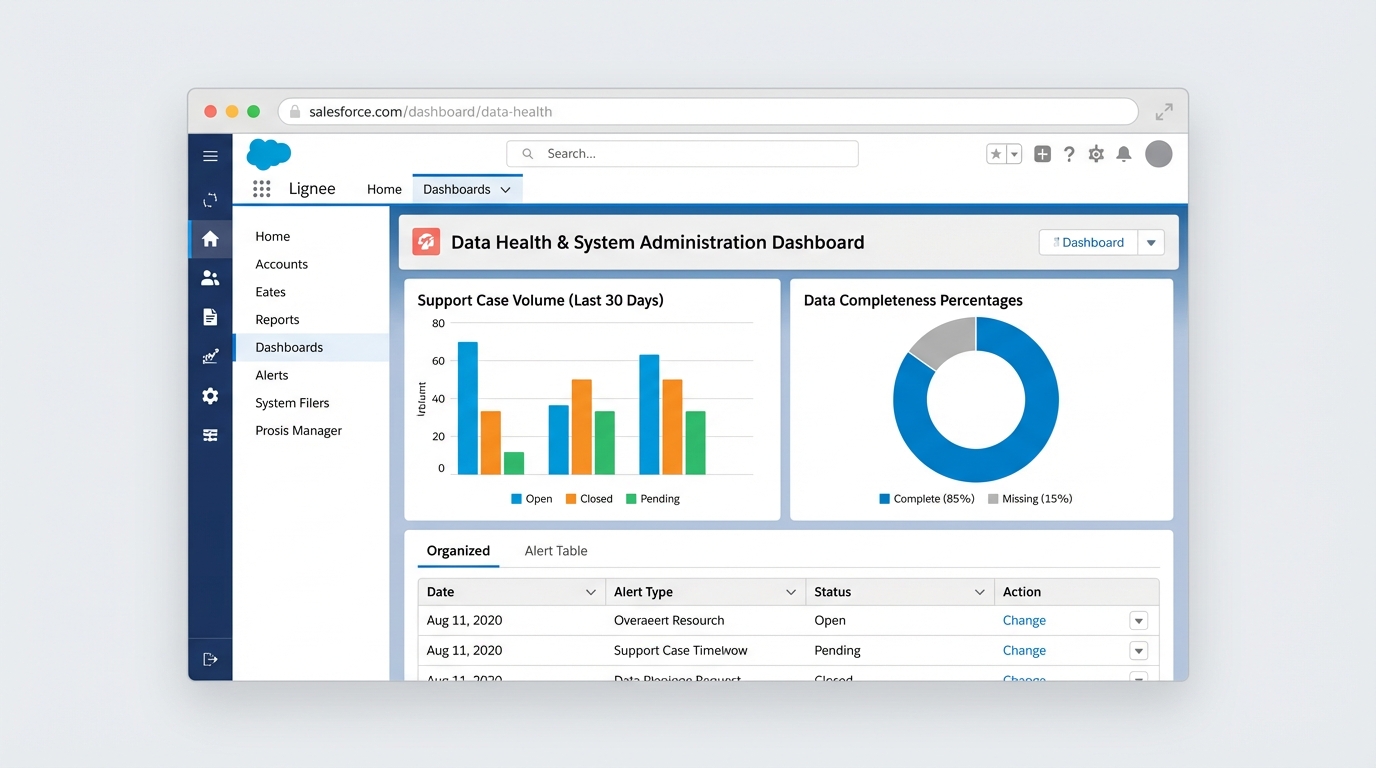 A Salesforce Lightning dashboard displaying data quality charts and administrative support metrics.