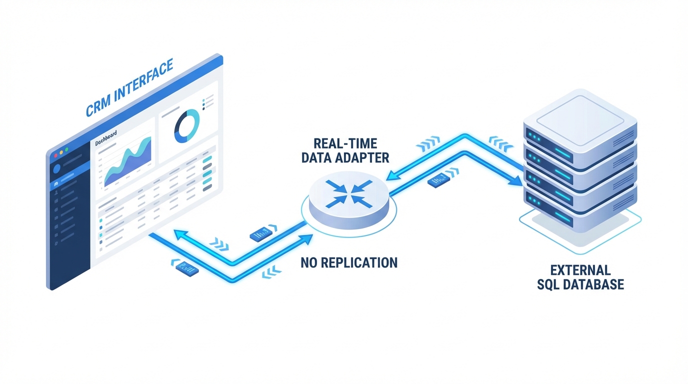 An architectural diagram showing a real-time integration between a CRM system and an external database using an API adapter.