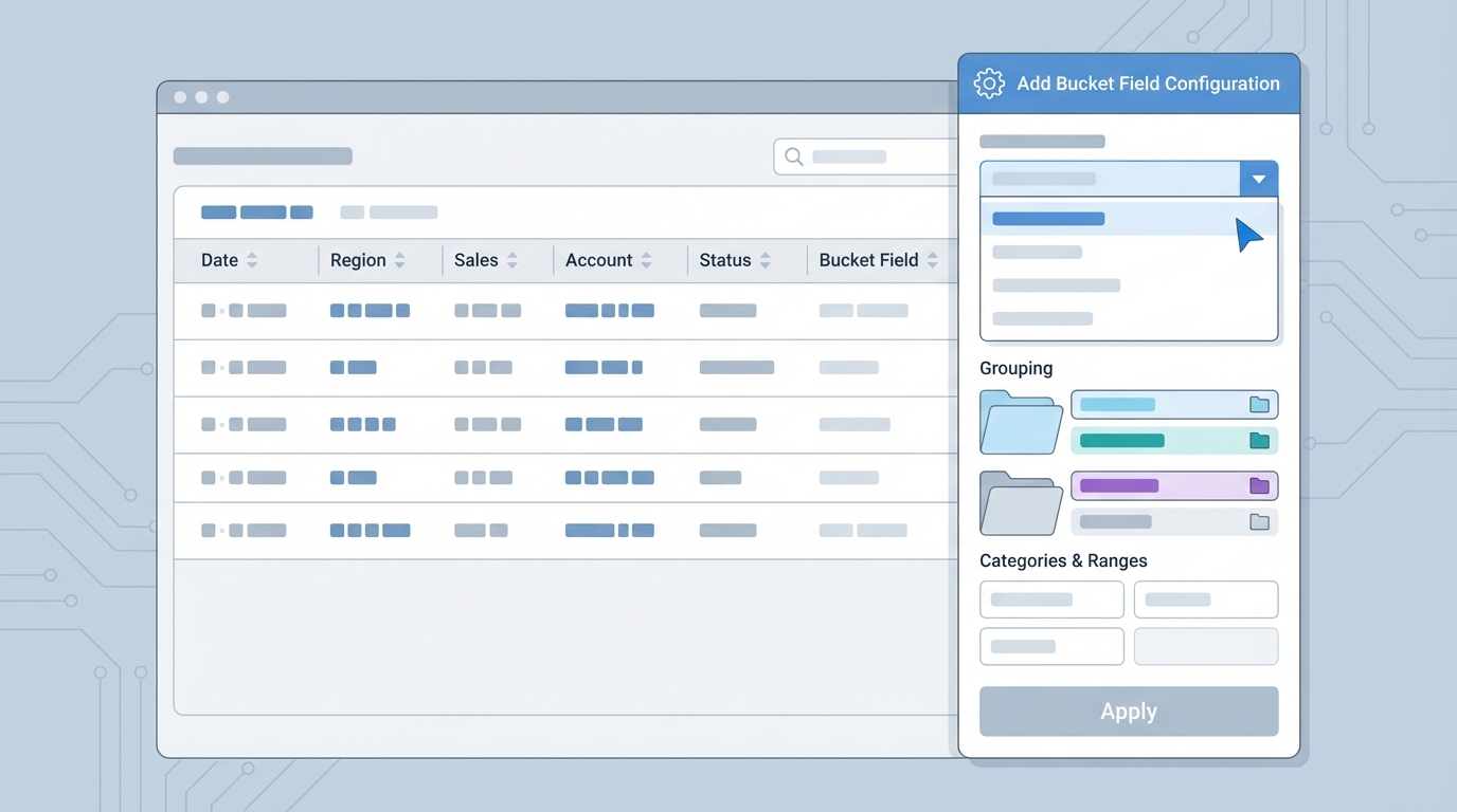 A professional mockup of the Salesforce Report Builder interface showing the configuration of bucket fields to group data.