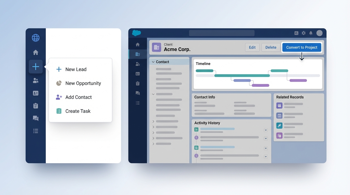A side-by-side comparison showing a global action menu versus a context-specific action button integrated into a record page header.