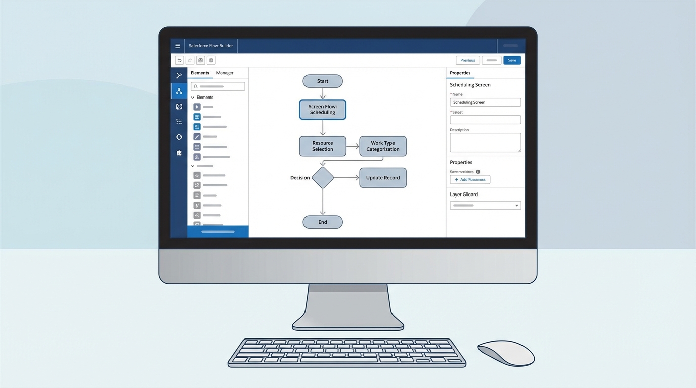 A Salesforce Flow Builder canvas showing a structured screen flow for an appointment scheduling process.