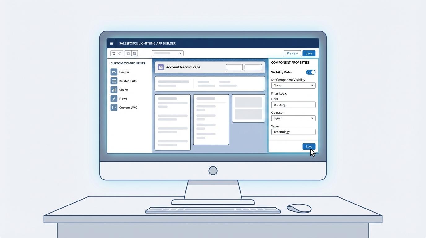 A professional mockup of the Salesforce Lightning App Builder showing a clean record page configuration and component properties panel.