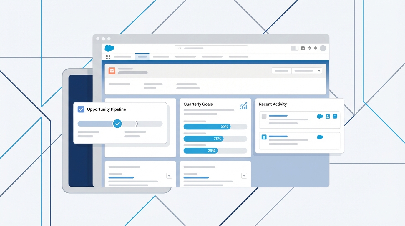 A professional CRM dashboard mockup featuring a modular layout of data cards and UI elements.