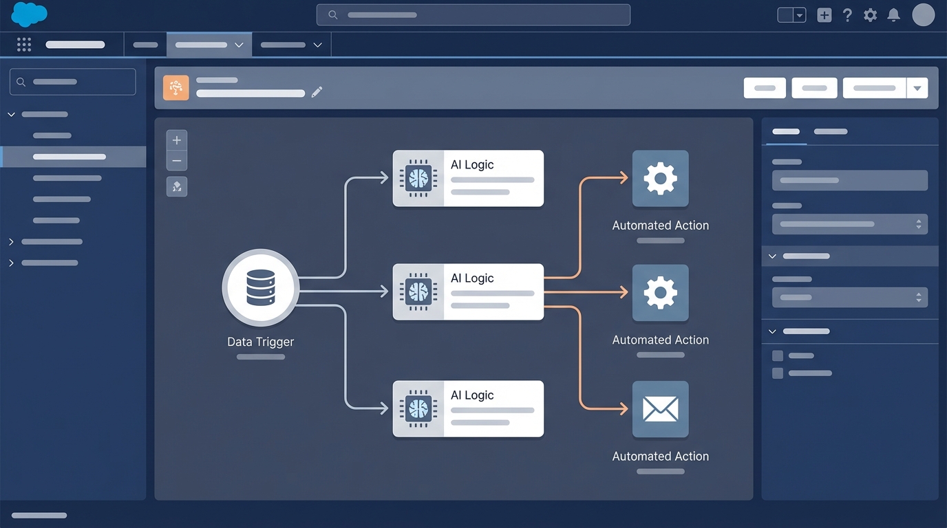 A technical UI mockup showing a sophisticated AI agent workflow diagram with interconnected logic nodes and data paths.
