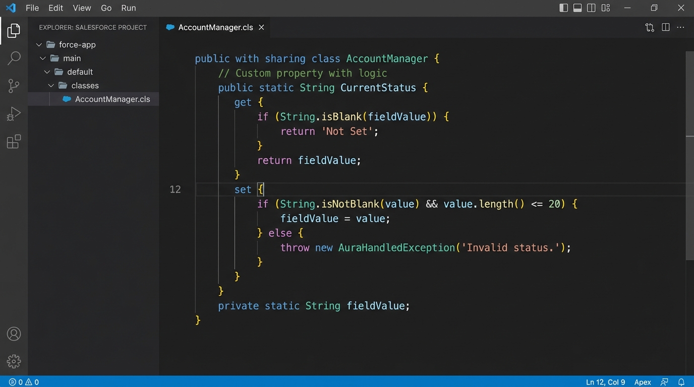A clean code editor view showing Salesforce Apex property syntax with custom getter and setter logic.