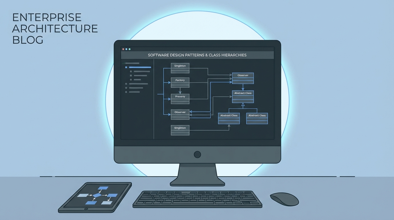A professional system architecture diagram on a computer screen showing the logical flow of a software design pattern.